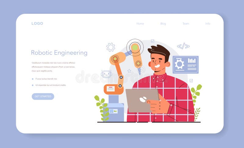 Cyber engineering web banner or landing page. Robotics&#x27; constructing stock illustration