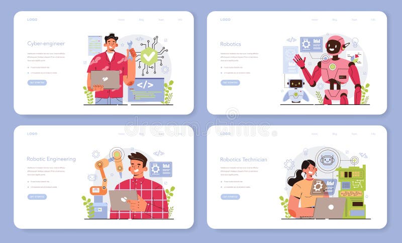 Cyber engineering web banner or landing page set. Robotics&#x27; constructing stock illustration