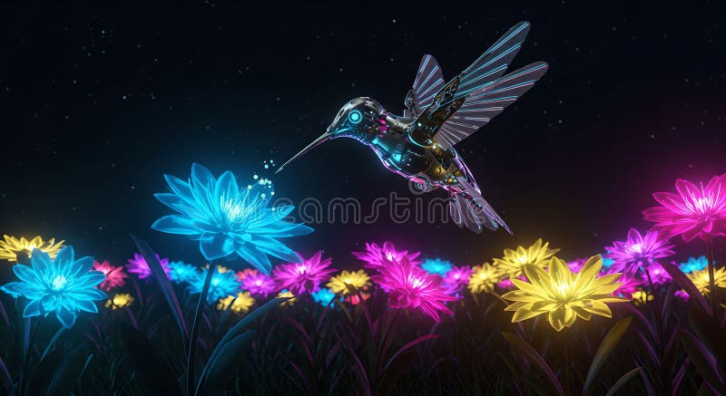 Cyber Hummingbird und biolumineszierende Blumen : Neon Garden stock abbildung