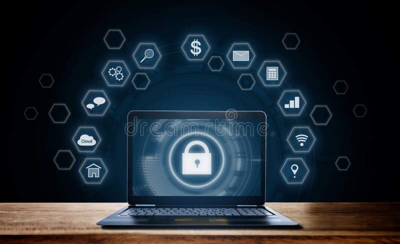 Cyber internet security system. Lock and application icons technology with computer laptop on wooden desk royalty free stock image