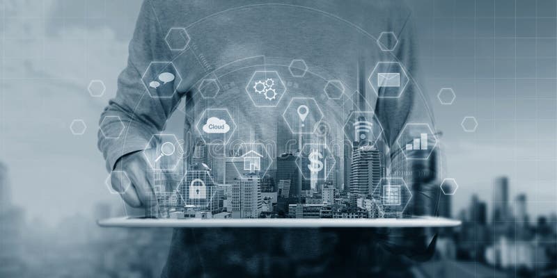 Cyber internet security system technology. Businessman using digital tablet and security lock technology icons stock images