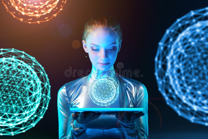 Cyber kobiety mienia oświetlenia panel z rozjarzoną poligonalną abstrakcjonistyczną sferą