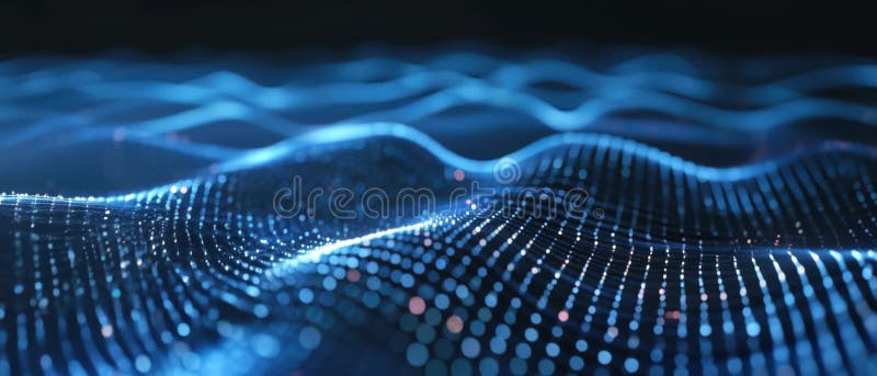 Cyber landscape in abstract space, wavy surface of data in dark blue digital cyberspace, pattern of tech lights stock illustration