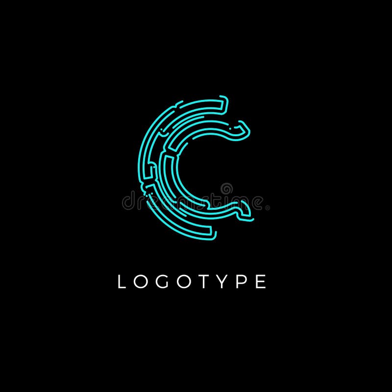 Cyber letter C for digital technology logo concept. Contour circuit style monogram for artificial intelligence product vector illustration