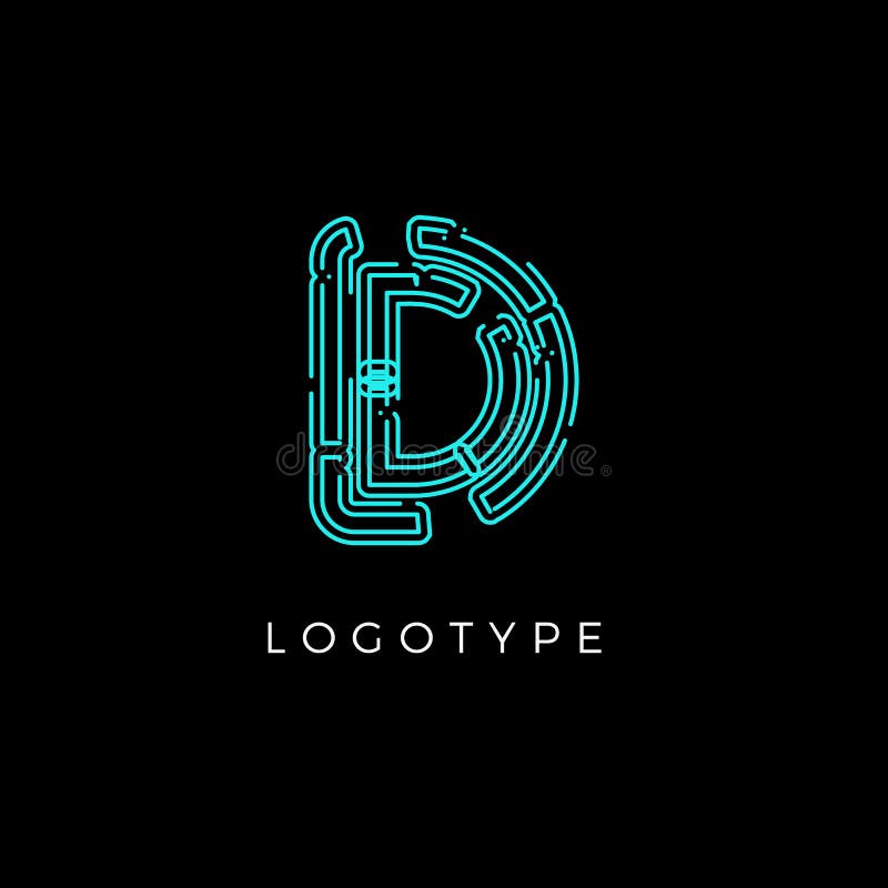 Cyber letter D for digital technology logo concept. Contour circuit style monogram for artificial intelligence product stock illustration