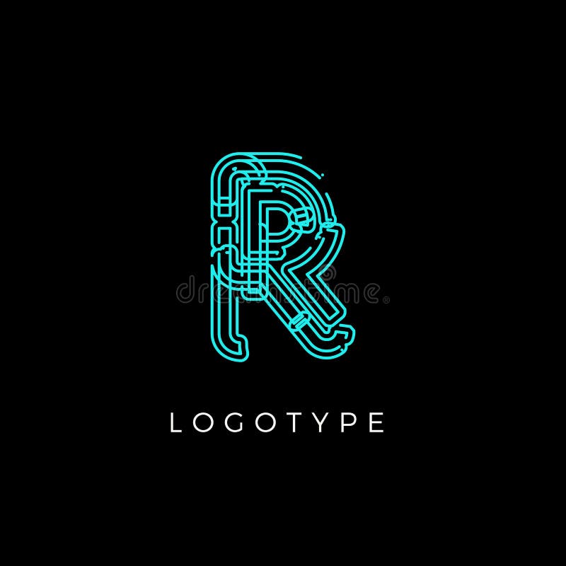 Cyber letter R for digital technology logo concept. Contour circuit style monogram for artificial intelligence product vector illustration