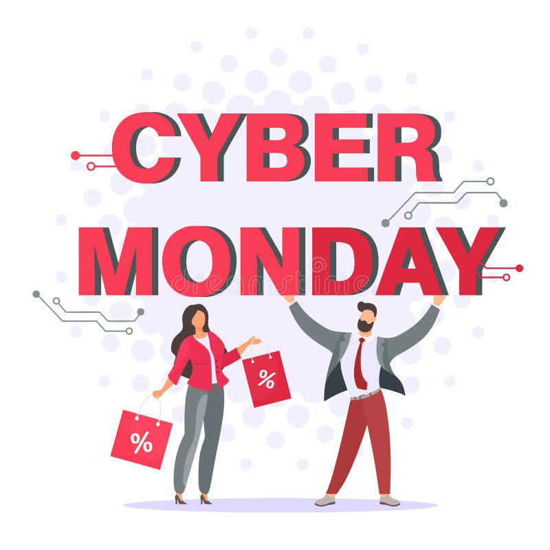 Illustration Cyber Monday with Tiny People and Purchases. Vector