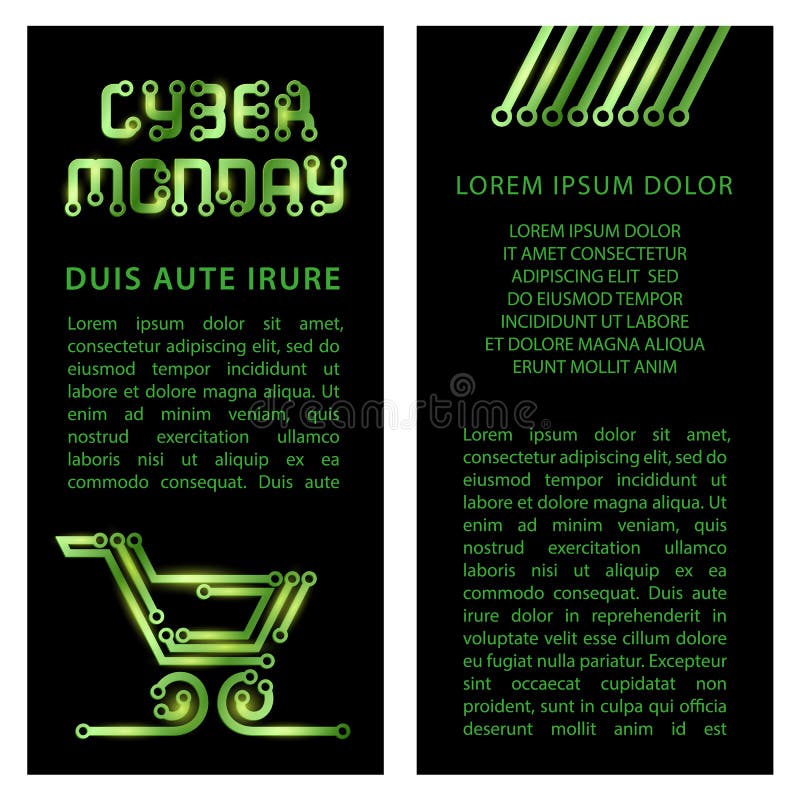Cyber Monday flyer template. Green circuit style design on a black background with shopping trolley. royalty free illustration