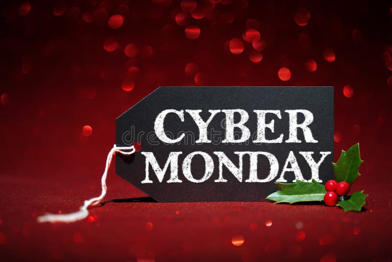 Cyber Monday Sale Tag on Red Glitter Background Stock Photo Image of