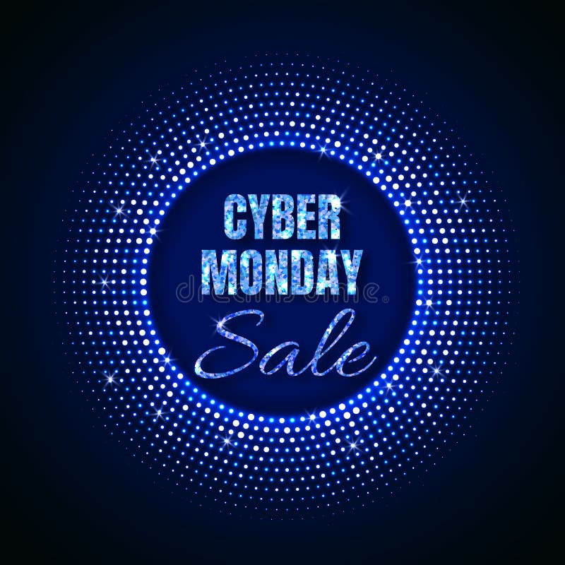 Cyber Monday Sale technology background in neon style with neon glowing circle halftone ornament. Abstract disco background. stock illustration
