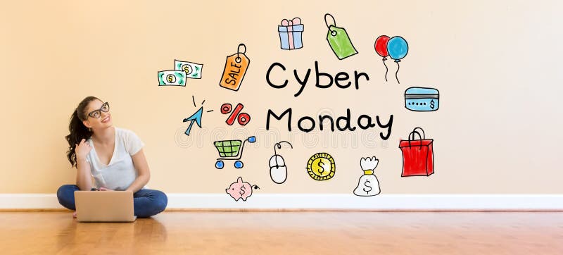 Cyber Monday text with young woman using a laptop computer royalty free stock photos Cyber Monday text with young woman using a laptop computer royalty free stock photos