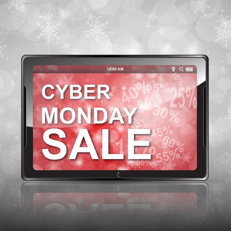 Cyber Monday Shopping: Cyber Monday Online-Verkauf mit einem Tablet dargestellt lizenzfreie abbildung