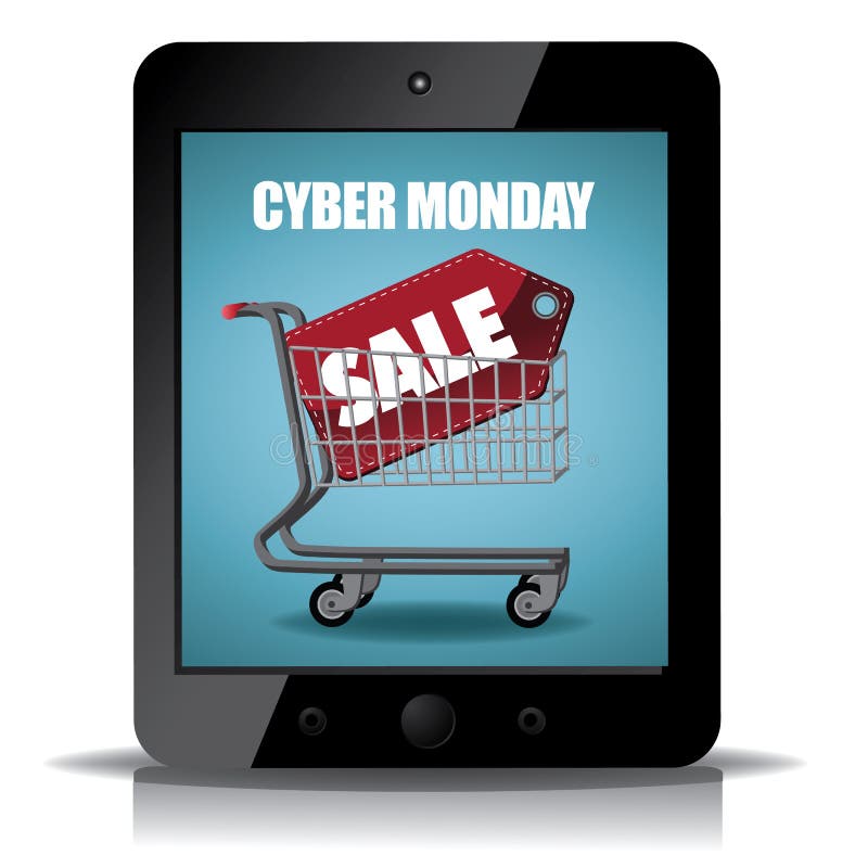 Cyber Monday Tablet mit Einkaufswagen-Symbol lizenzfreie abbildung