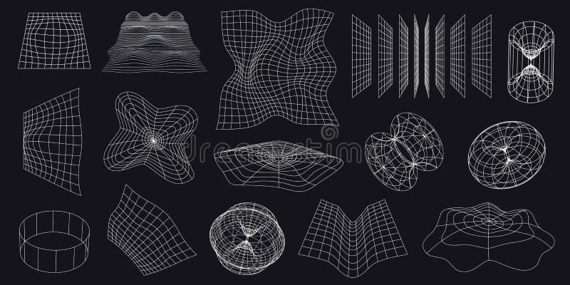 Cyber neo futuristic grids, 3d mesh objects and shapes. Wireframe wavy geometric perspective plane. 80s cyberpunk line vector illustration
