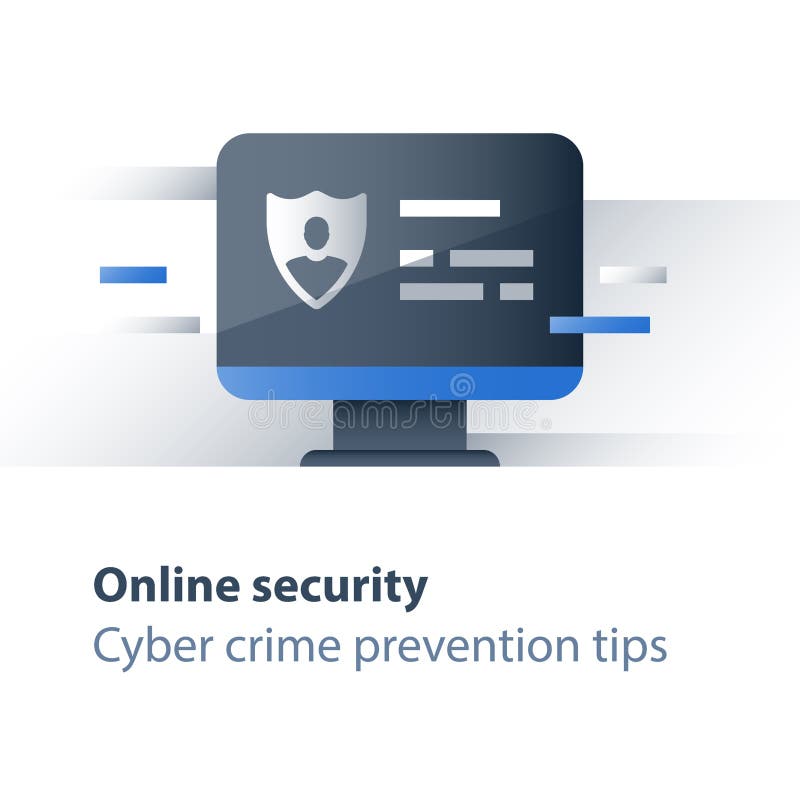 Cyber przestępstwa zapobieganie, osobisty bezpieczeństwo danych pojęcie, antivirus, monitor i osłona, ograniczony dostęp, kompute royalty ilustracja
