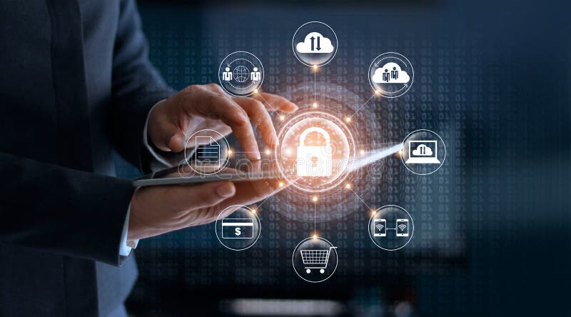 Cyber Security. Businessman using tablet technology royalty free stock images