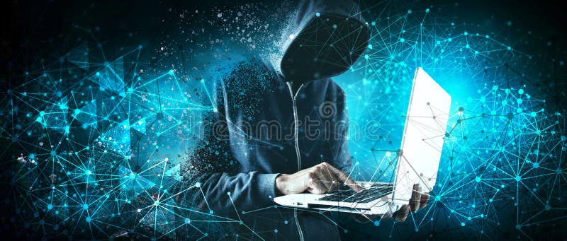 Cyber security, computer hacker with hoodie