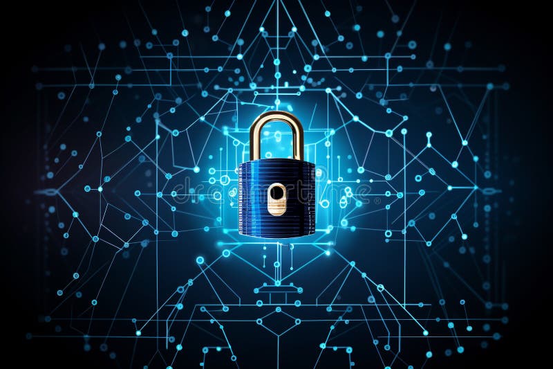 Cyber security concept. Lock symbol from lines and triangles, point connecting network on blue background. royalty free illustration