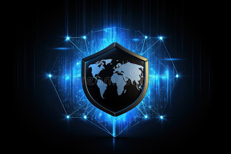Cyber security concept. Protect shield with world map. Vector illustration, Global network security shield on a Black background royalty free illustration