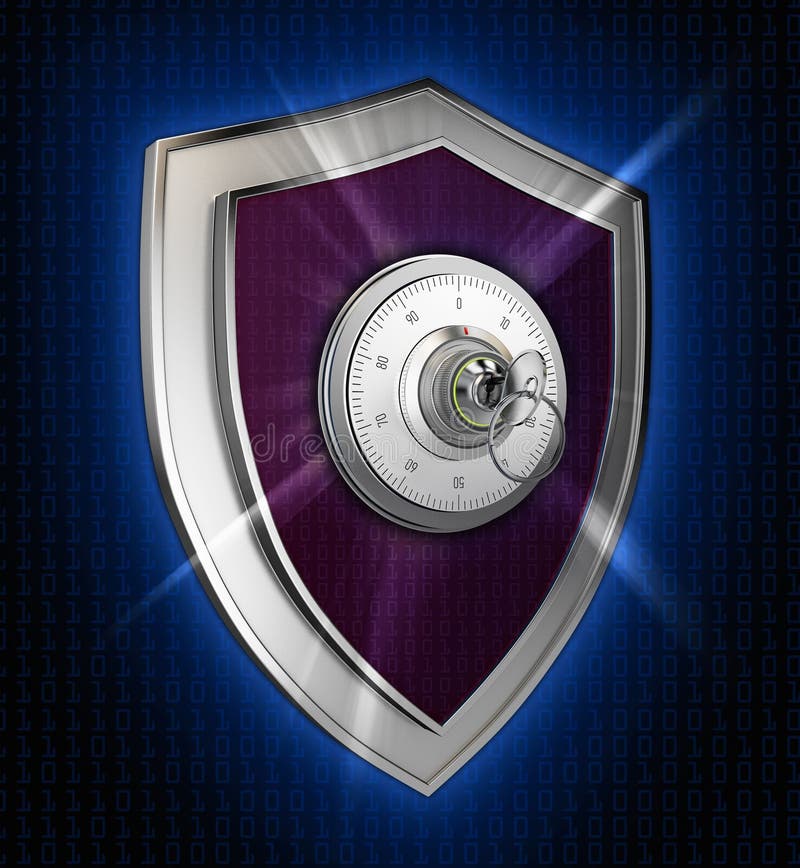 Cyber security concept: Shield With combination lock and rays on abstract background royalty free illustration Cyber security concept: Shield With combination lock and rays on abstract background royalty free illustration