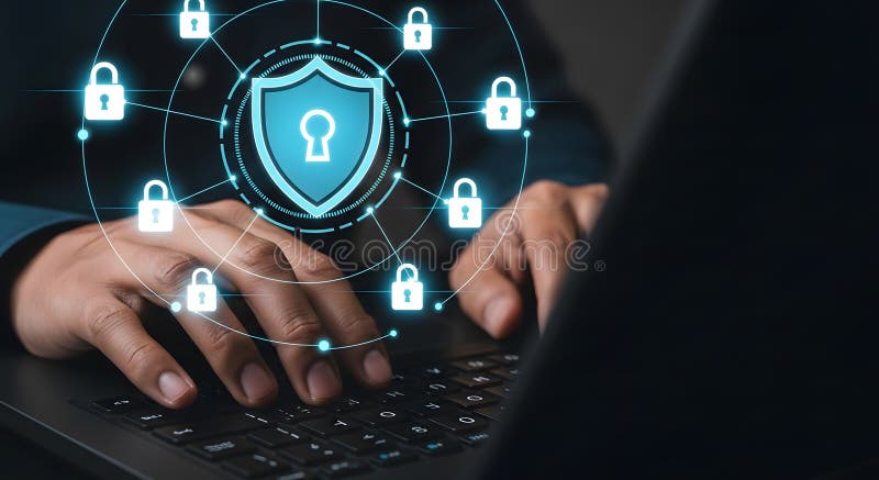 Cyber Security Concept with Shield Icon and Padlocks on Digital Network Connected to Laptop User royalty free illustration