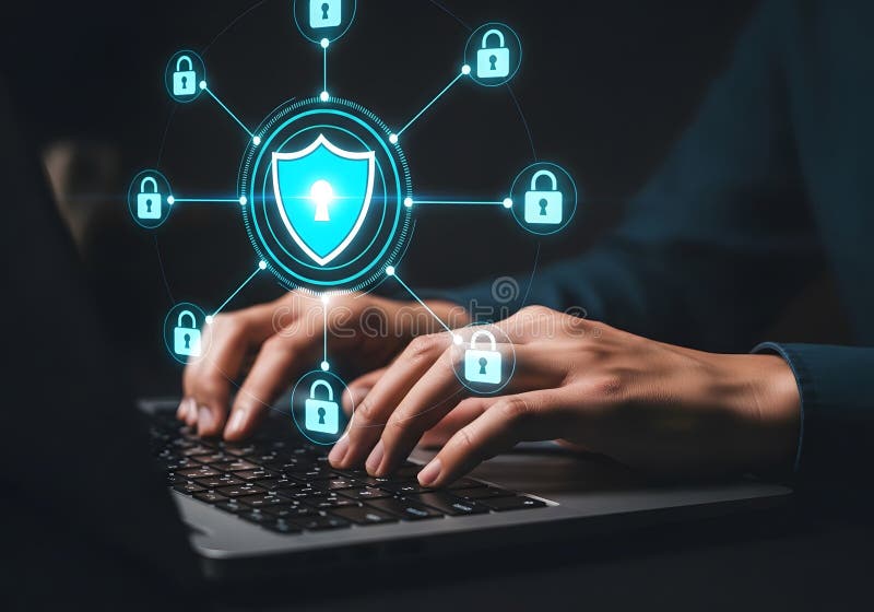 Cyber Security Concept with Shield Icon and Padlocks on Digital Network Connected to Laptop User vector illustration