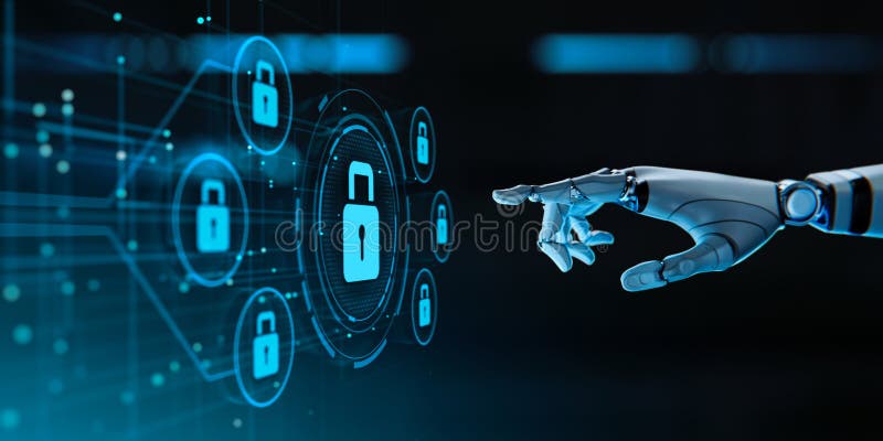 Cyber security and Data Protection - Robotic Hand Touching Digital Lock Interface stock photos