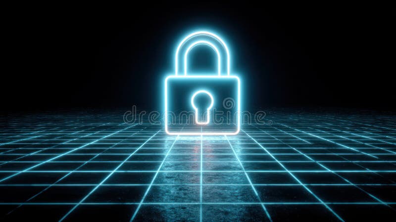 Cyber security data protection system with ai concept showing glowing lock on digital grid background royalty free stock photography