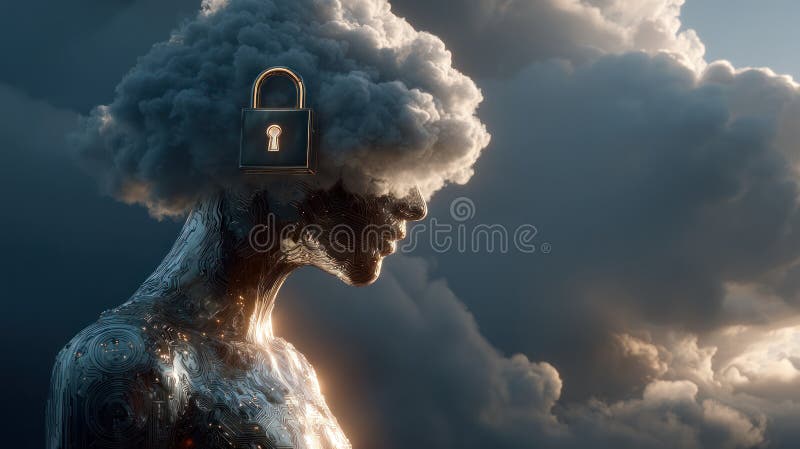 Cyber security data protection system with AI concept showing human figure with cloud head and lock symbolizing secure royalty free stock image