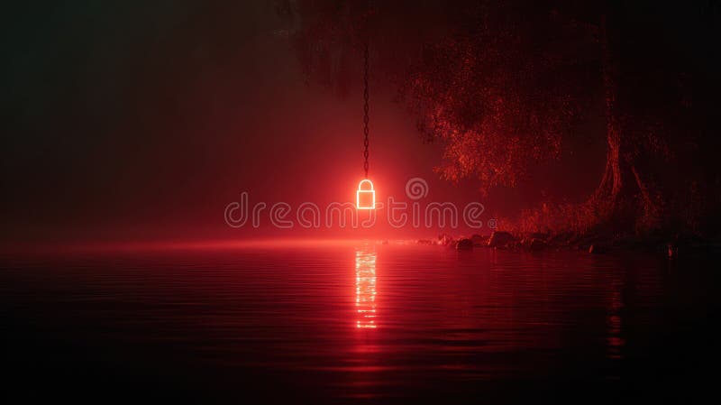 Cyber security data protection system with ai glowing lock hanging over dark water with red light reflection and tree stock photography