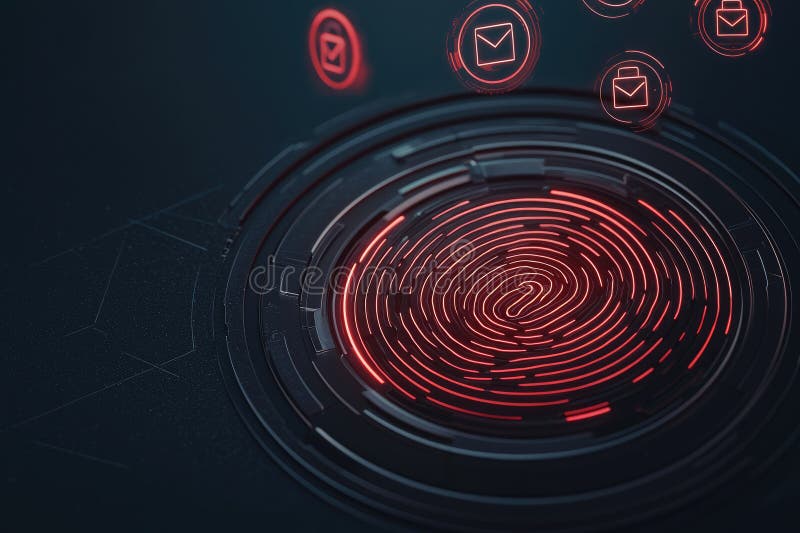 Cyber security and encryption, Concept of information privacy, A digital fingerprint with layers of holographic data. A digital fingerprint with layers of holographic data protection icons floating around it, set against a dark theme. The design conveys a strong sense of cyber security and personal information protection AI generated