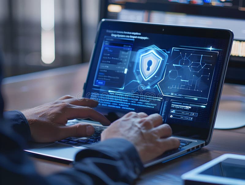Cyber security expert verifying identity using two factor authentication on laptop in professional office setting royalty free illustration