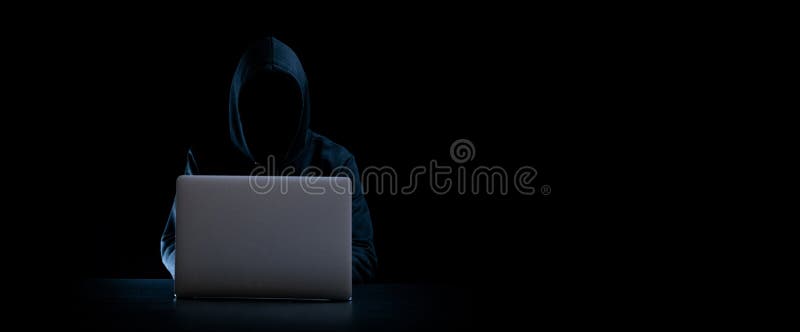 Cyber security hacker concept. Internet web hack technology. Digital laptop in hacker man hand isolated on black banner royalty free stock photo