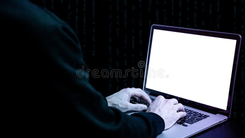 Cyber security hacker concept. Internet web hack technology. Digital laptop in hacker man hand isolated on black banner royalty free stock photos