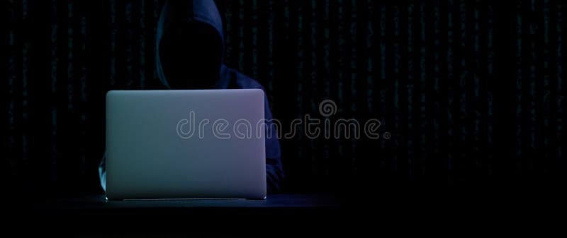 Cyber security hacker concept. Internet web hack technology. Digital laptop in hacker man hand isolated on black banner royalty free stock image