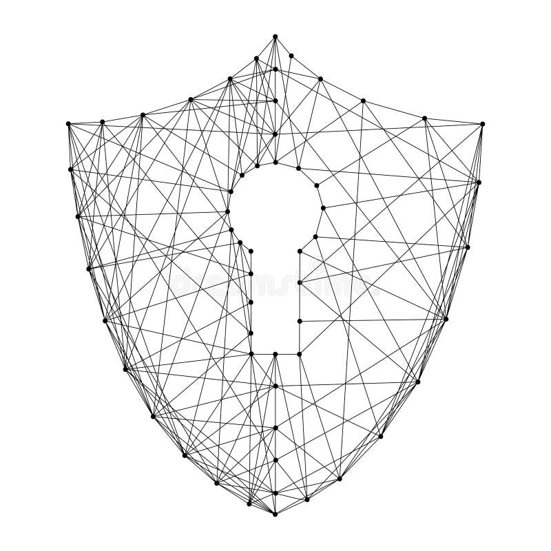Cyber security icon shield with keyhole icon concept of data protection from abstract futuristic polygonal black lines and dots. stock illustration