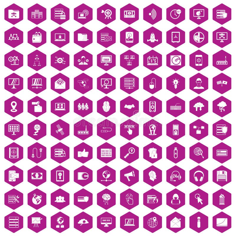 100 cyber security icons hexagon violet royalty free illustration