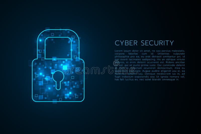 Cyber security illustration, lock symbol scatter blue light pixel with sample text on dark background presentation. royalty free illustration