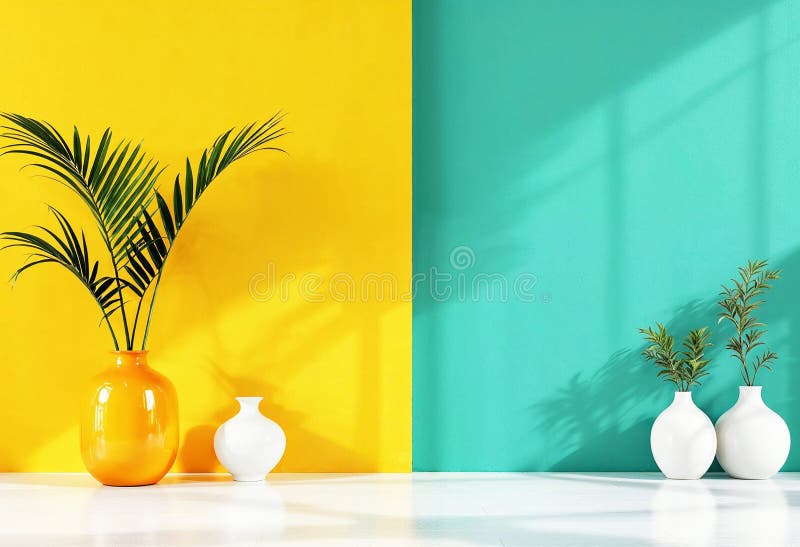 Minimalist Interior Design with Split Yellow and Teal Wall and Tropical Decor in Modern Aesthetic