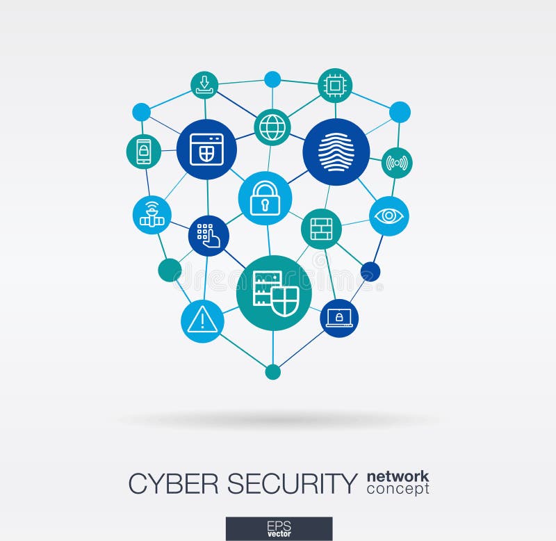 Cyber security integrated thin line web icons in shield shape. stock illustration