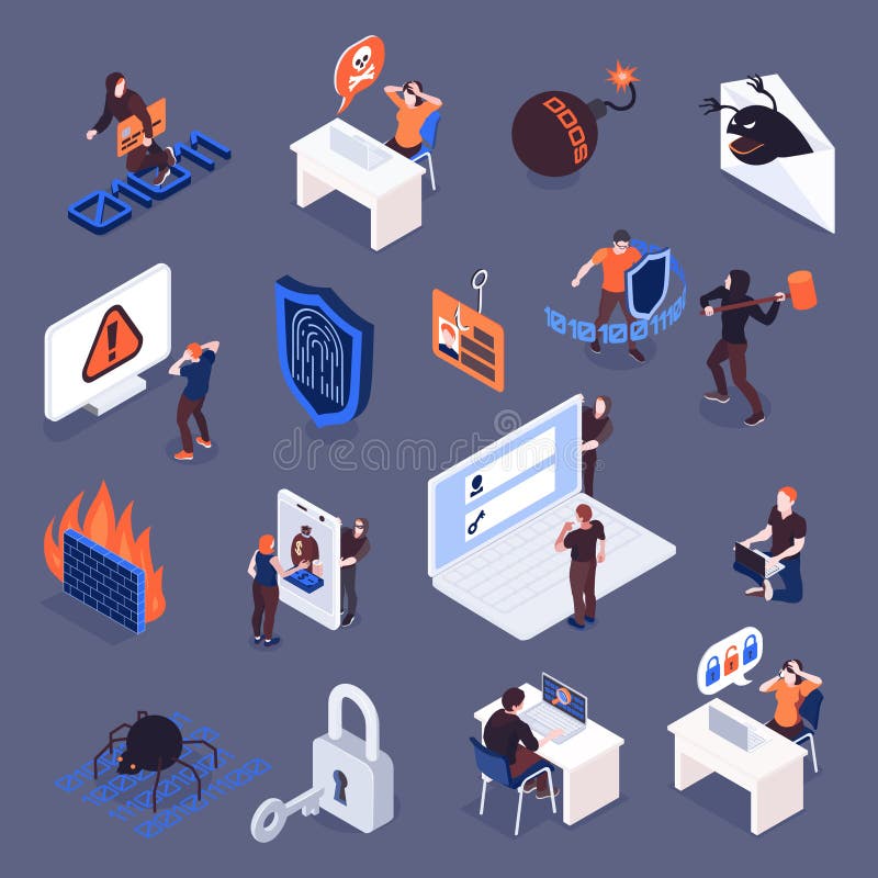 Cyber Security Isometric Icons Set vector illustration