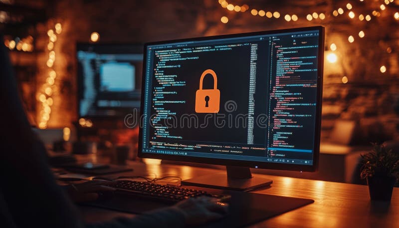 Cyber Security Lock On Computer Screen, Protecting Data From Cyber Threats In Office At Night royalty free illustration