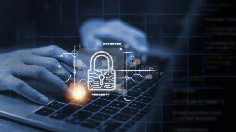 Cyber security network. Data protection concept. Businessman using laptop computer with digital padlock on internet technology royalty free stock photos