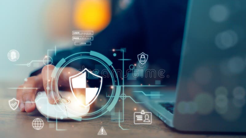 Cyber security network. Data protection concept. Businessman using laptop computer with digital padlock on internet technology royalty free stock photo