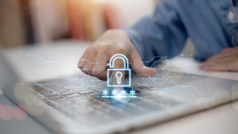 Cyber security network. Data protection concept. Businessman using laptop computer with digital padlock on internet technology royalty free stock images