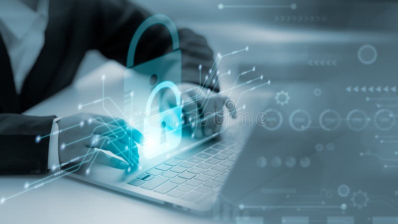 Cyber security network. Data protection concept. Businessman using laptop computer with digital padlock on internet technology royalty free stock photos