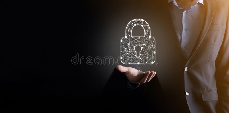 Cyber security network. Padlock icon and internet technology networking. Businessman protecting data personal information on stock images