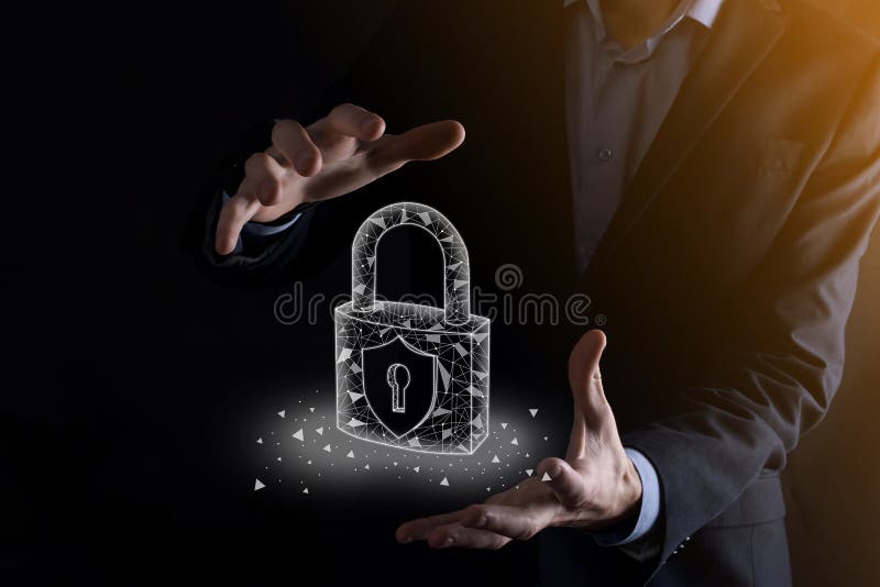 Cyber security network. Padlock icon and internet technology networking. Businessman protecting data personal information on stock image