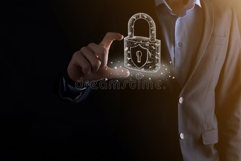 Cyber security network. Padlock icon and internet technology networking. Businessman protecting data personal information on stock image