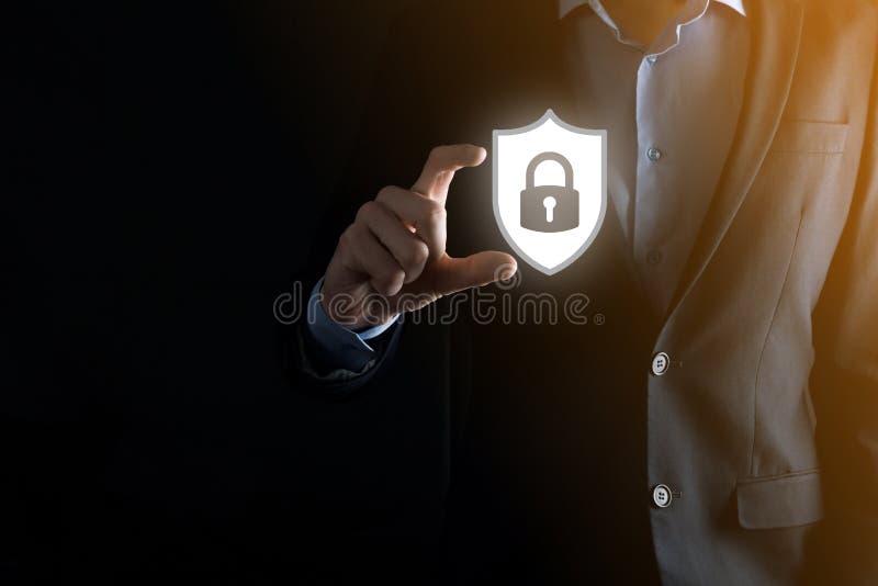 Cyber security network. Padlock icon and internet technology networking. Businessman protecting data personal information on royalty free stock image